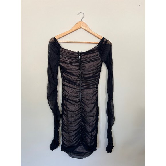 BEBE Mini Dress Womens XS Black Off Shoulder Ruched Bodycon Cocktail Sexy - Picture 7 of 11